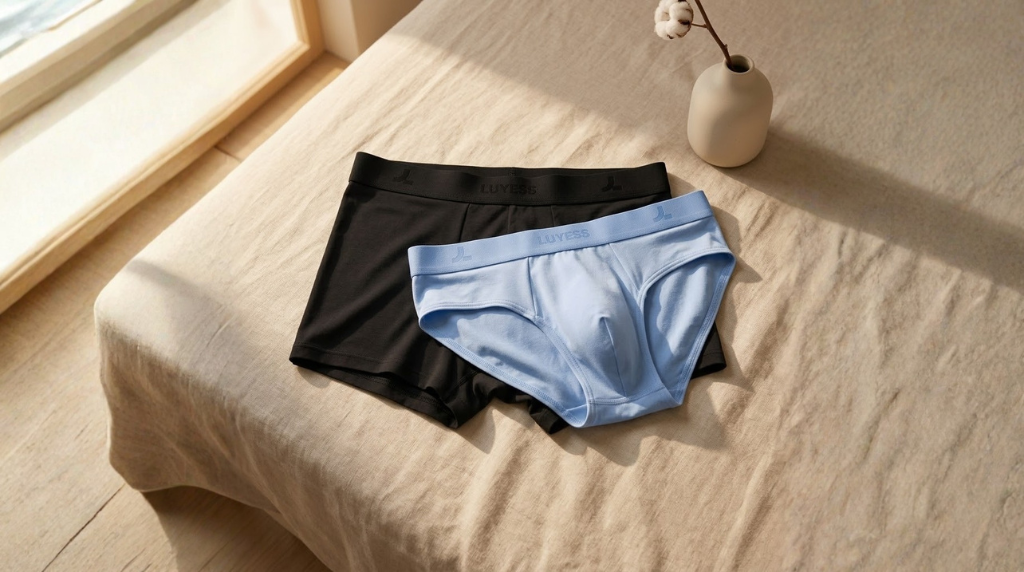 black luyess trunk underwear and blue luyess briefs underwear lay flat on a minimalist bedroom with natural lighting from window