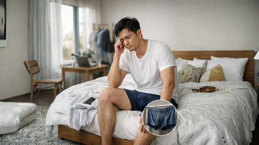 Man sitting on bed feeling uncomfortable in hot weather while wearing cotton underwear, illustrating sweat, stickiness and fabric discomfort in tropical climate — comparison concept for best underwear fabric cotton vs Tencel.