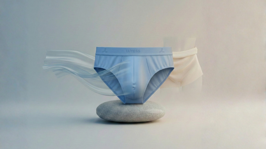 Lightweight breathable blue men’s underwear with airflow motion effect, symbolizing cooling comfort in hot weather