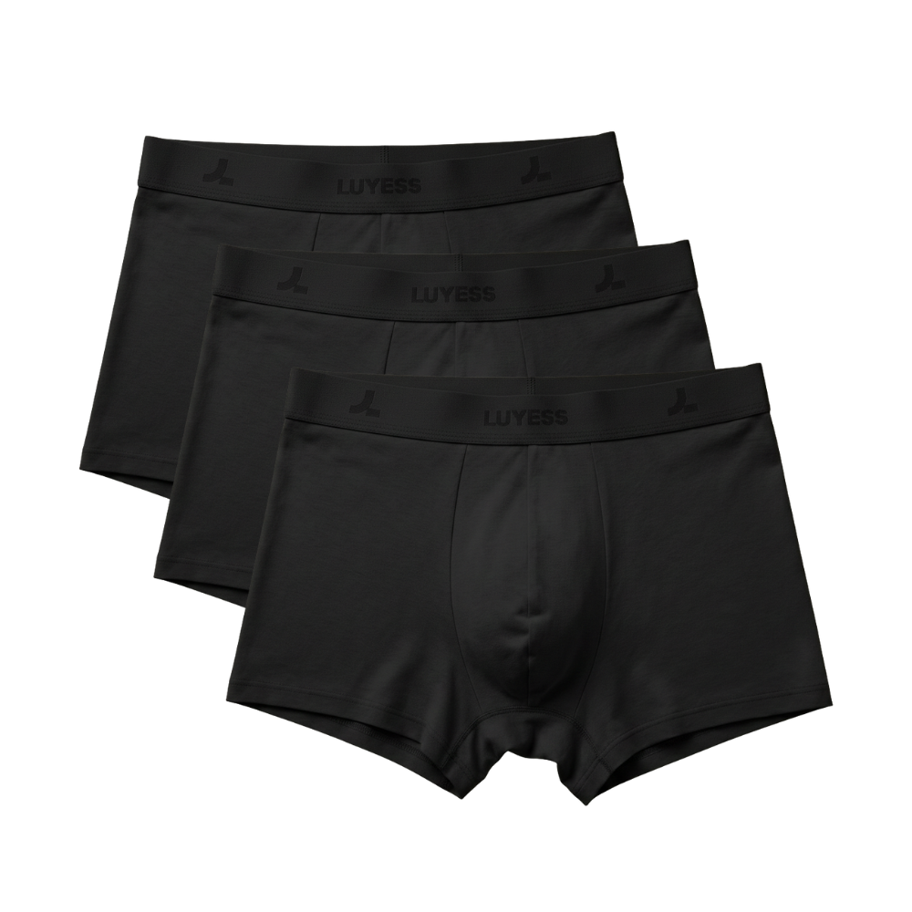 The LUYESS 3-Day Rotation set featuring a mix 3 black boxer trunks for tropical comfort