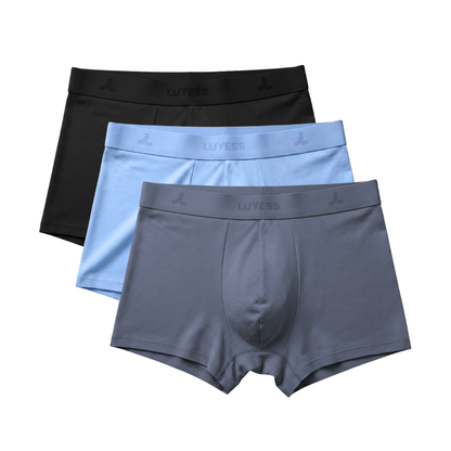 The LUYESS 3-Day Rotation set featuring a mix of black, slate grey, and light blue boxer trunks for tropical comfort