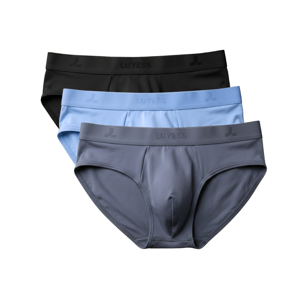 The LUYESS 3-Day Rotation set featuring a mix of black, slate grey, and light blue briefs underwear for tropical comfort
