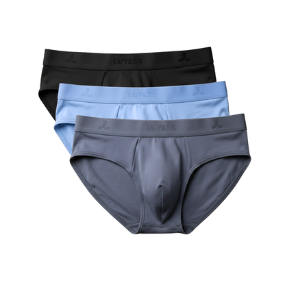 The LUYESS 3-Day Rotation set featuring a mix of black, slate grey, and light blue briefs underwear for tropical comfort