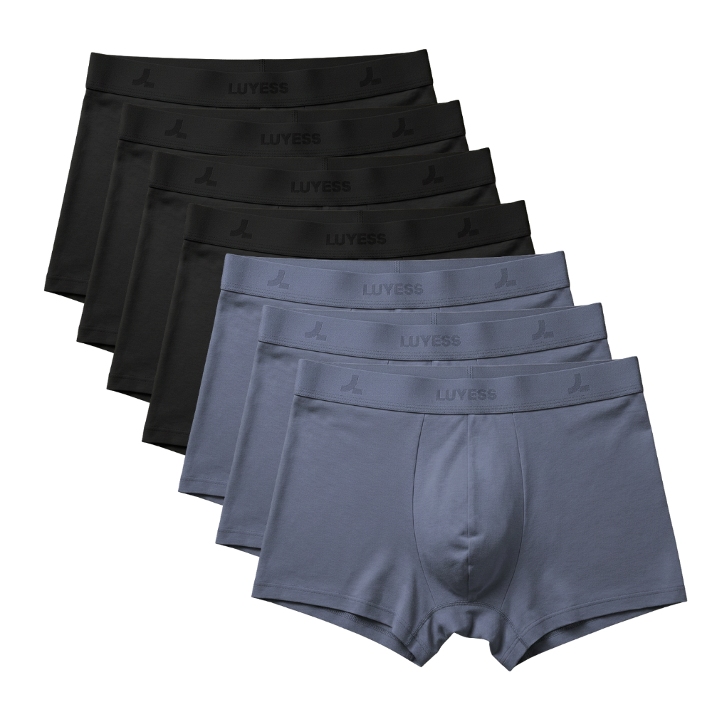 A seven-pack bundle of LUYESS boxer trunk underwear in black and grey, made of breathable 50S Tencel Modal for Malaysia's humidity