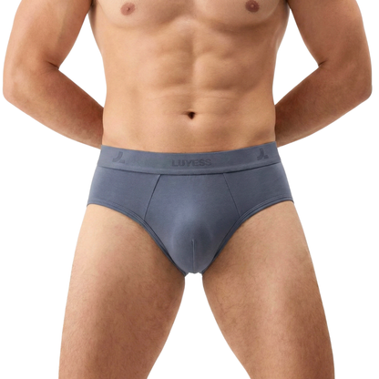 Front view of LUYESS briefs underwear in grey on a model, featuring an ergonomic fit and breathable 50S Tencel™ Modal fabric