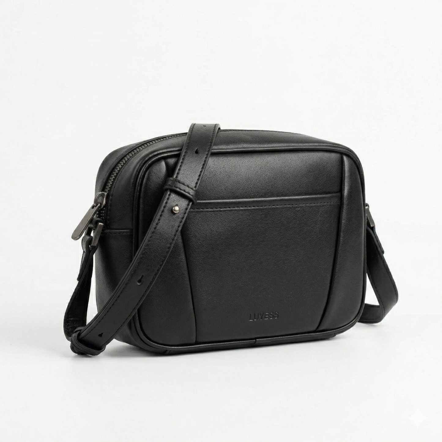 Black leather crossbody bag on a light gray background