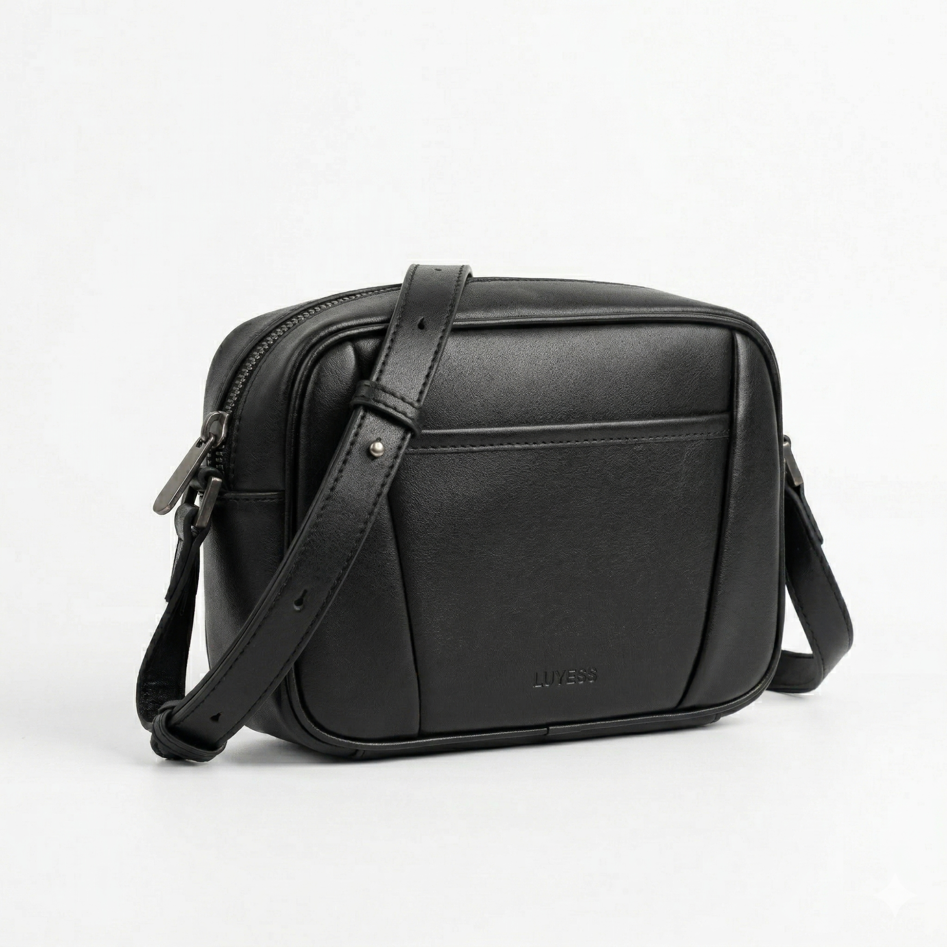 Black leather crossbody bag on a light gray background