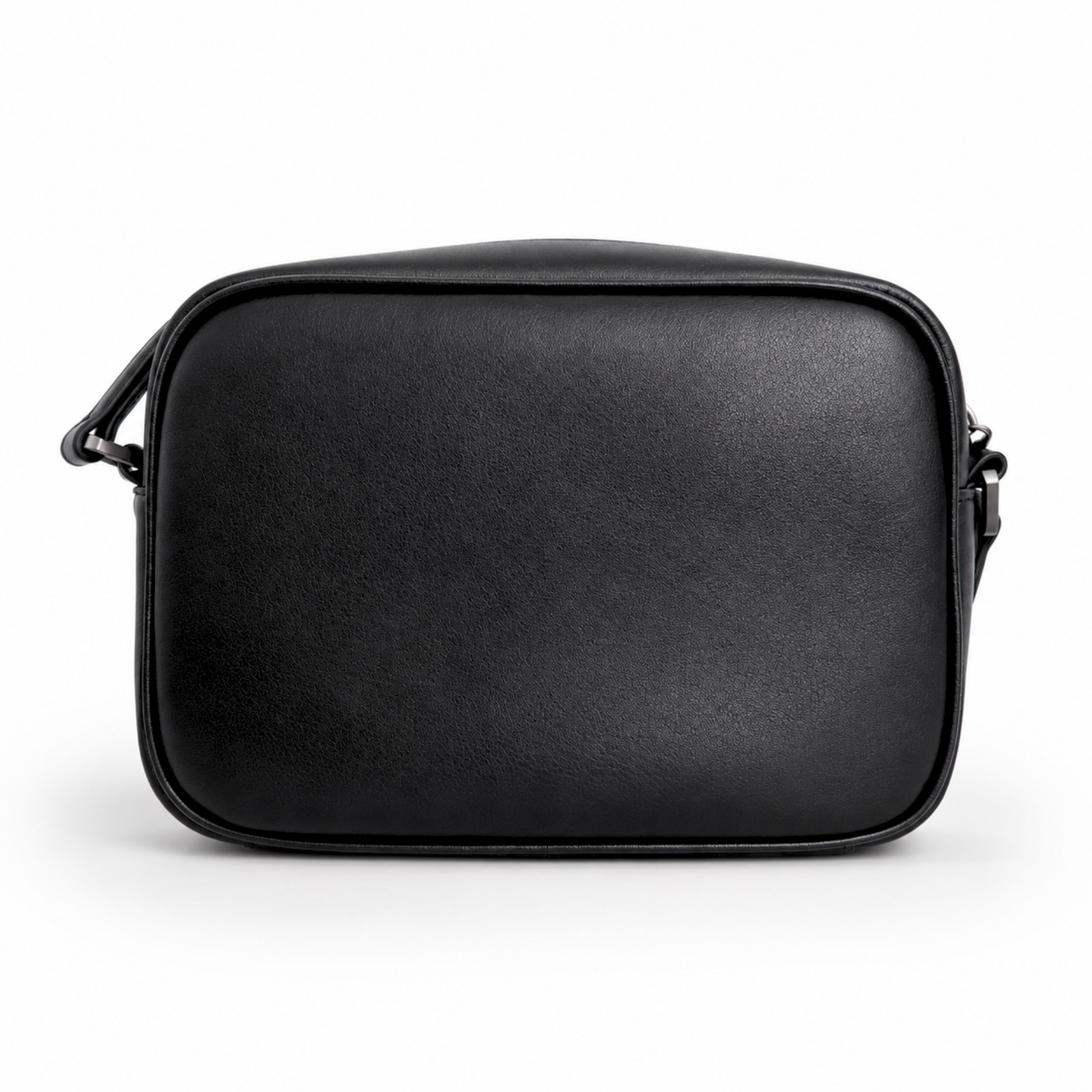 Black leather crossbody bag on a white background