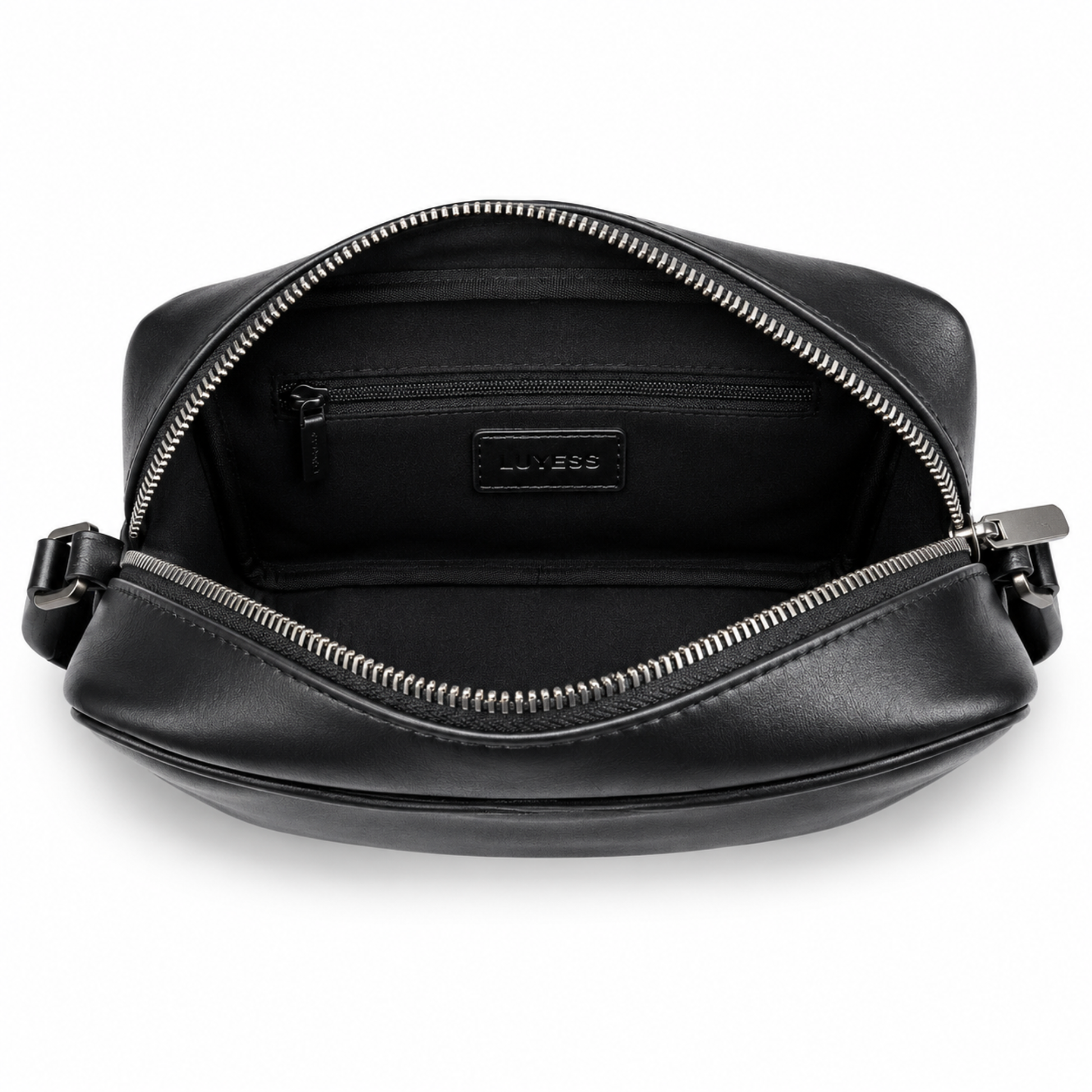 Black leather bag with open zipper on a white background