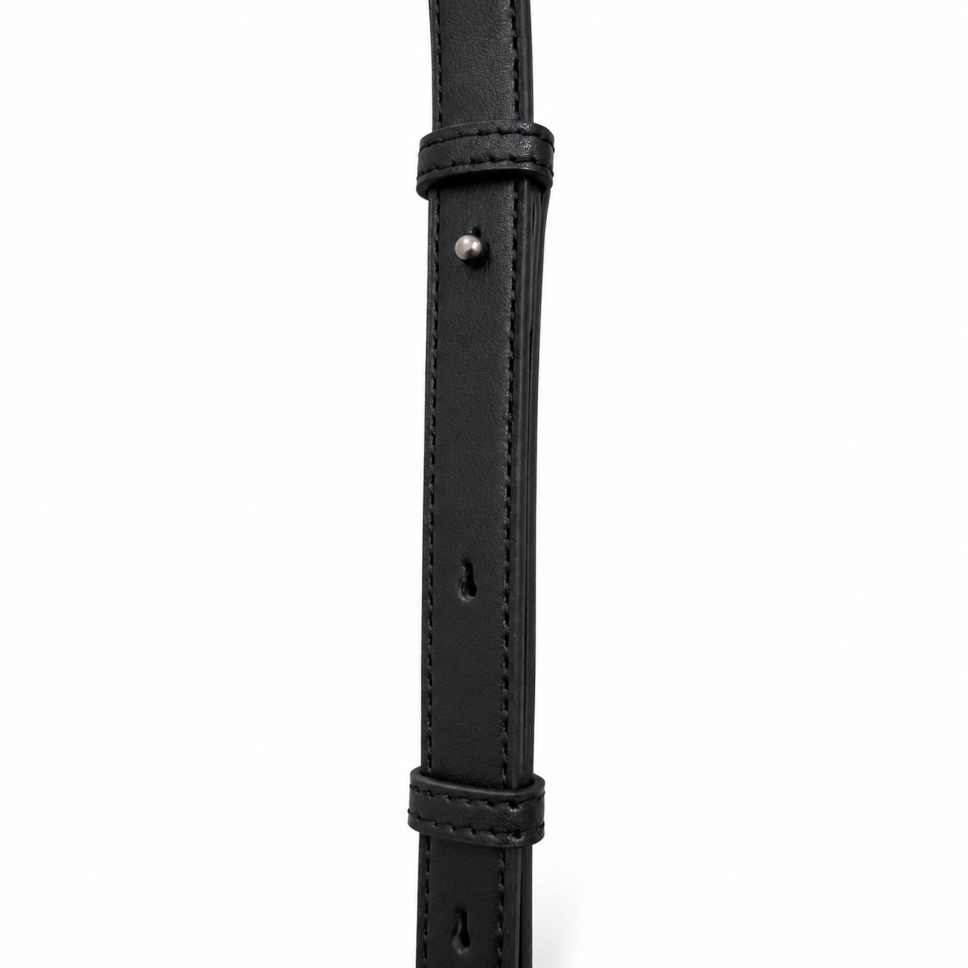 Close-up of a black leather strap with stitching detail on a white background