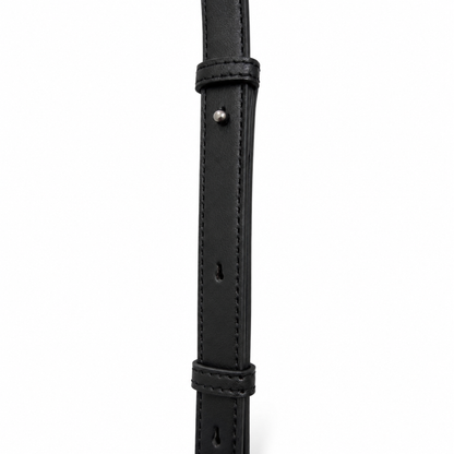 Close-up of a black leather strap with stitching detail on a white background