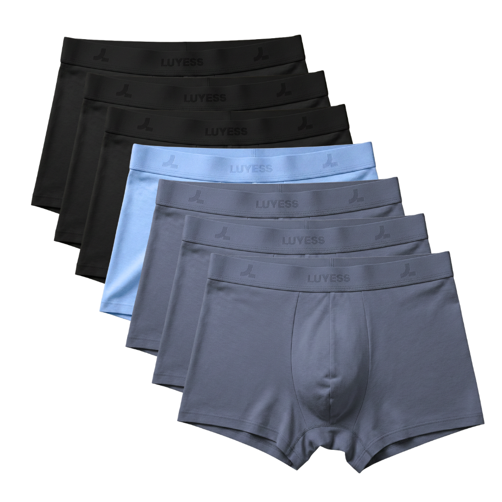 A full 7-piece weekly set of LUYESS black, blue, grey boxer trunk underwear, designed with the DRYiss™ Anti-Sticky Standard for Malaysia's weather