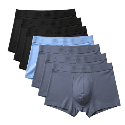 A full 7-piece weekly set of LUYESS black, blue, grey boxer trunk underwear, designed with the DRYiss™ Anti-Sticky Standard for Malaysia's weather