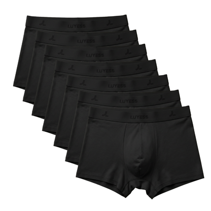 A full 7-piece weekly set of LUYESS black boxer trunk underwear, designed with the DRYiss™ Anti-Sticky Standard for Malaysia's weather