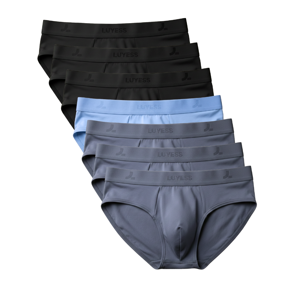 A full 7-piece weekly set of LUYESS black, blue, grey briefs underwear, designed with the DRYiss™ Anti-Sticky Standard for Malaysia's weather
