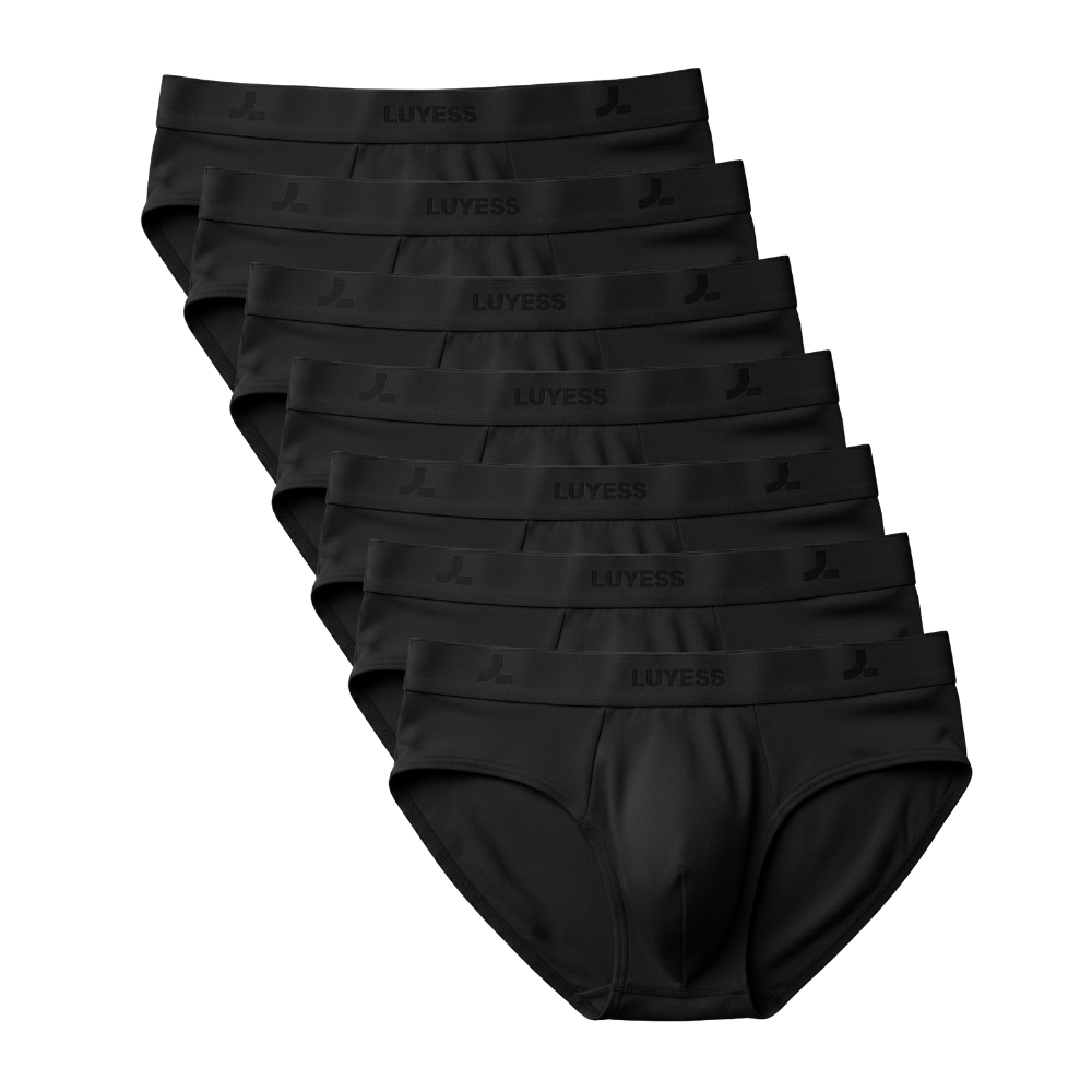 A full 7-piece weekly set of LUYESS black briefs underwear, designed with the DRYiss™ Anti-Sticky Standard for Malaysia's weather